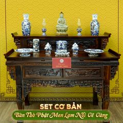 Bộ Đồ Thờ Phật (Cơ Bản 11 Món) Men Lam Nổi Vẽ Vàng