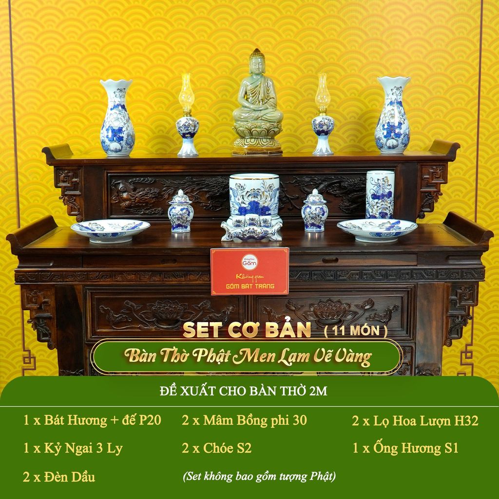 Bộ Đồ Thờ Phật (Cơ Bản 11 Món) Men Lam Vẽ Vàng