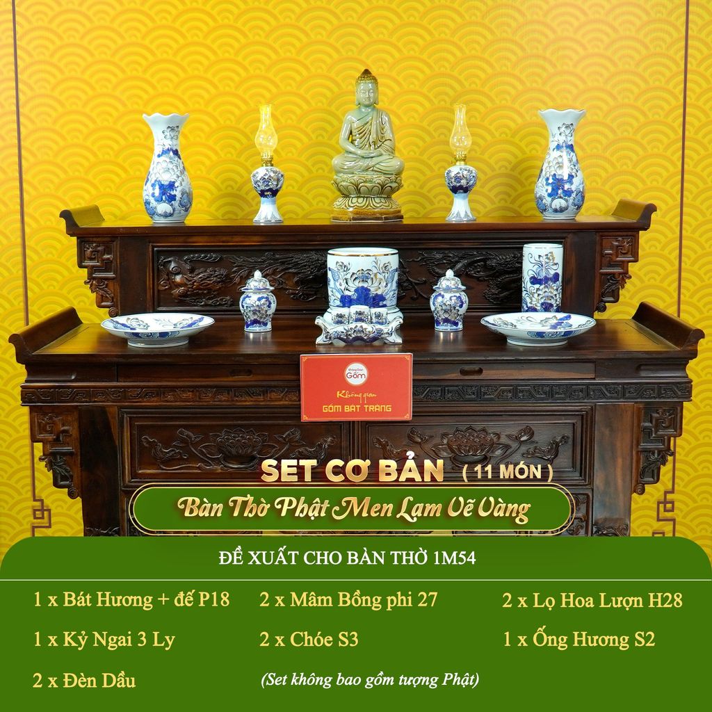 Bộ Đồ Thờ Phật (Cơ Bản 11 Món) Men Lam Vẽ Vàng