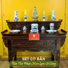 Bộ Đồ Thờ Phật (Cơ Bản 11 Món) Men Lam Vẽ Vàng