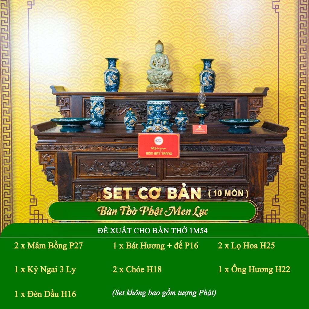 Bộ Đồ Thờ Phật (Cơ Bản 10 Món) Men Lục