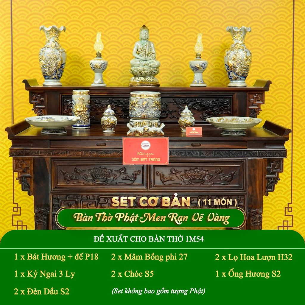 Bộ Đồ Thờ Phật (Cơ Bản 11 Món) Men Rạn Vẽ Vàng