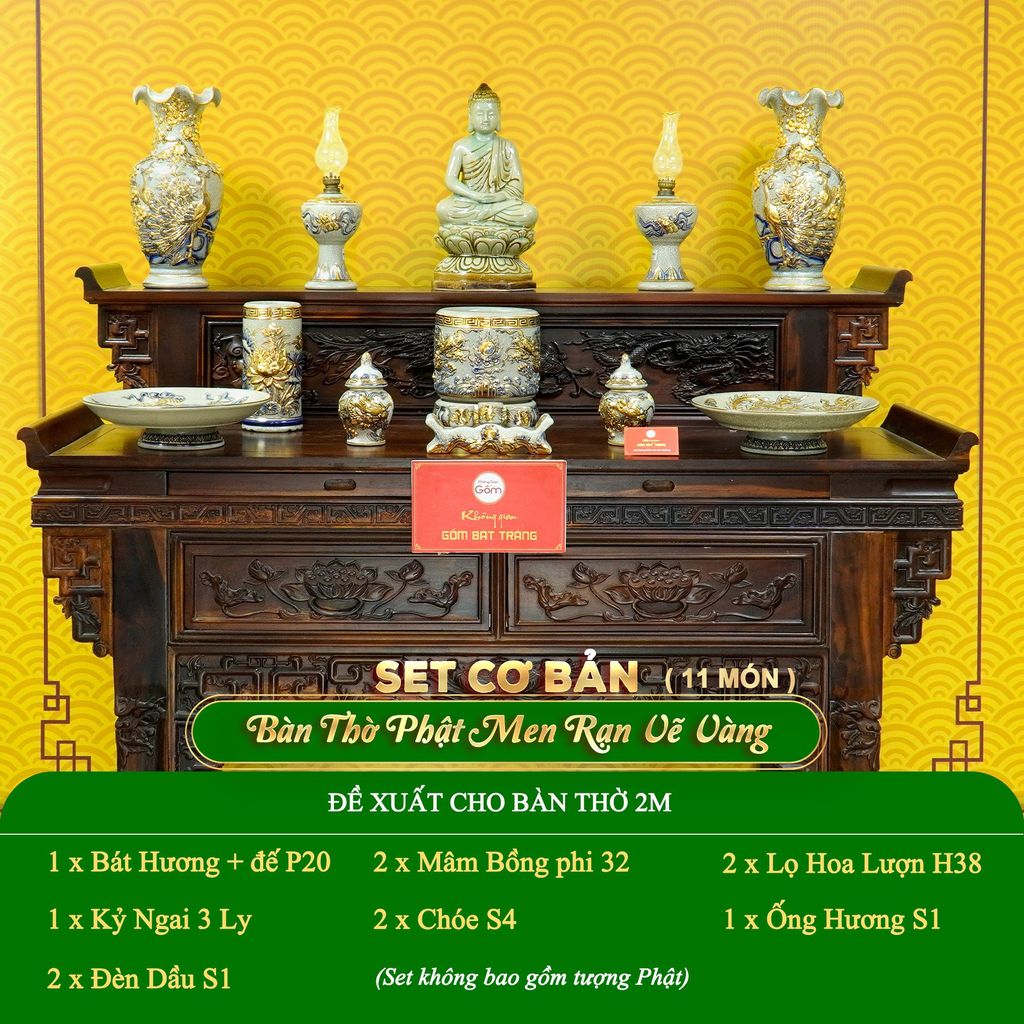 Bộ Đồ Thờ Phật (Cơ Bản 11 Món) Men Rạn Vẽ Vàng