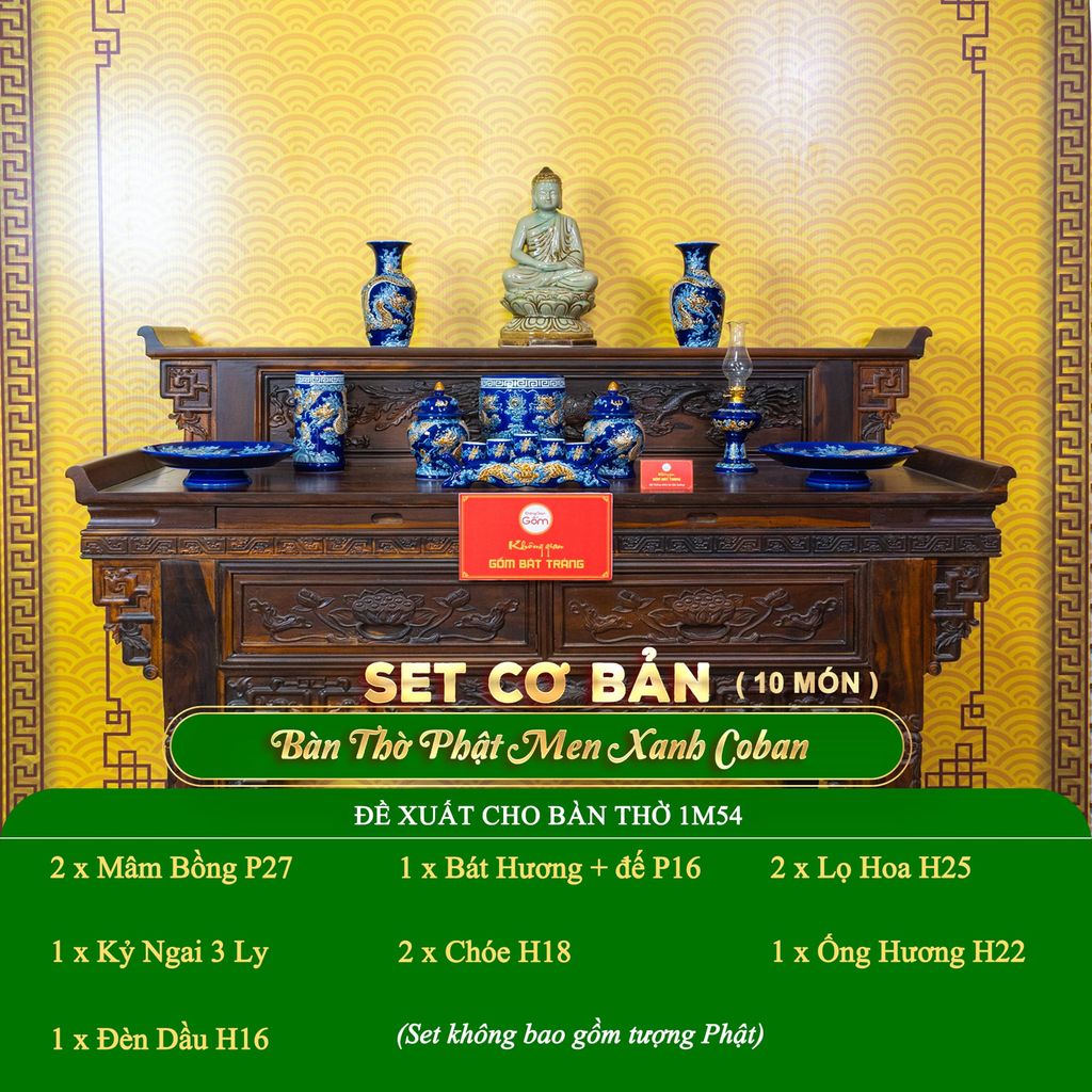 Bộ Đồ Thờ Phật (Cơ Bản 10 Món) Men Xanh Coban