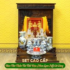 Bộ Đồ Thờ Thần Tài Thổ Địa (Cao Cấp 11 Món) Men Lam Nổi Vẽ Vàng