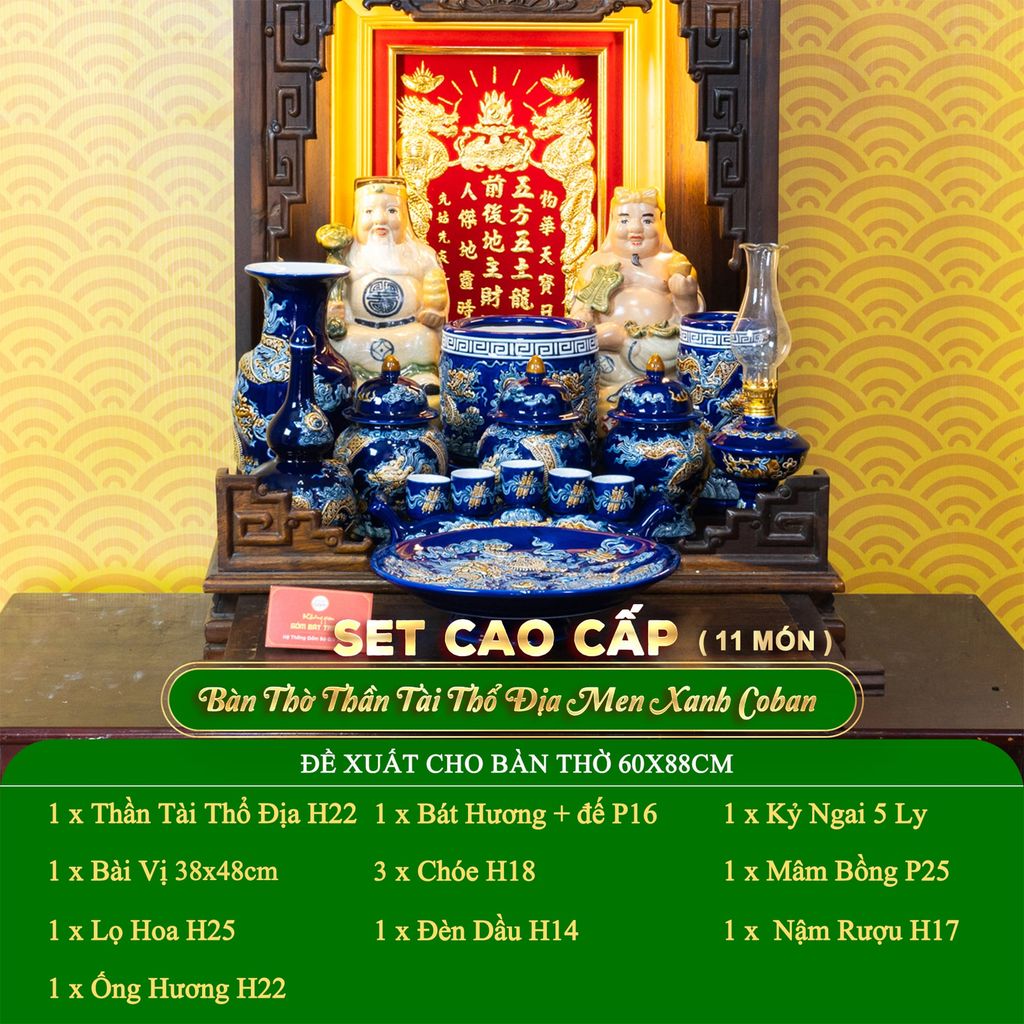 Bộ Đồ Thờ Thần Tài Thổ Địa (Cao Cấp 11 Món) Men Xanh Coban