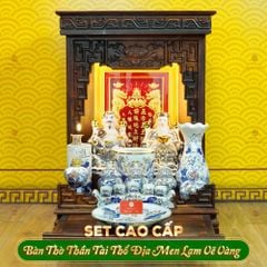 Bộ Đồ Thờ Thần Tài Thổ Địa (Cao Cấp 12 Món) Men Lam Vẽ Vàng