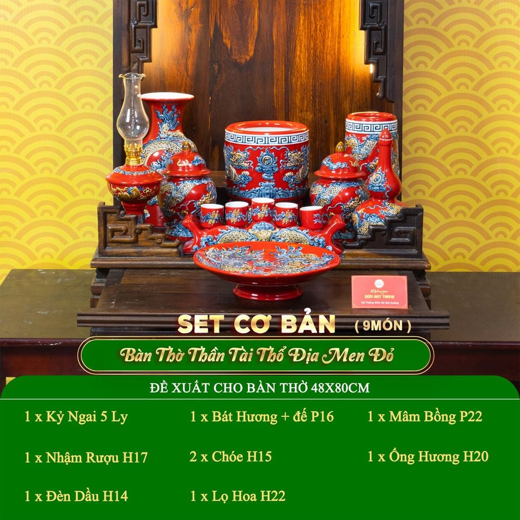 Bộ Đồ Thờ Thần Tài Thổ Địa (Cơ Bản 9 Món) Men Đỏ