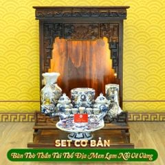 Bộ Đồ Thờ Thần Tài Thổ Địa (Cơ Bản 9 Món) Men Lam Nổi Vẽ Vàng