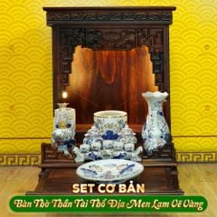 Bộ Đồ Thờ Thần Tài Thổ Địa (Cơ Bản 9 Món) Men Lam Vẽ Vàng