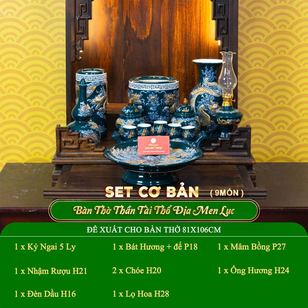 Bộ Đồ Thờ Thần Tài Thổ Địa (Cơ Bản 9 Món) Men Lục