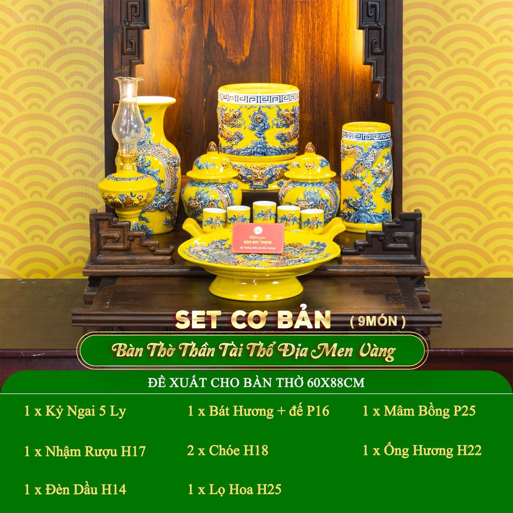 Bộ Đồ Thờ Thần Tài Thổ Địa (Cơ Bản 9 Món) Men Vàng
