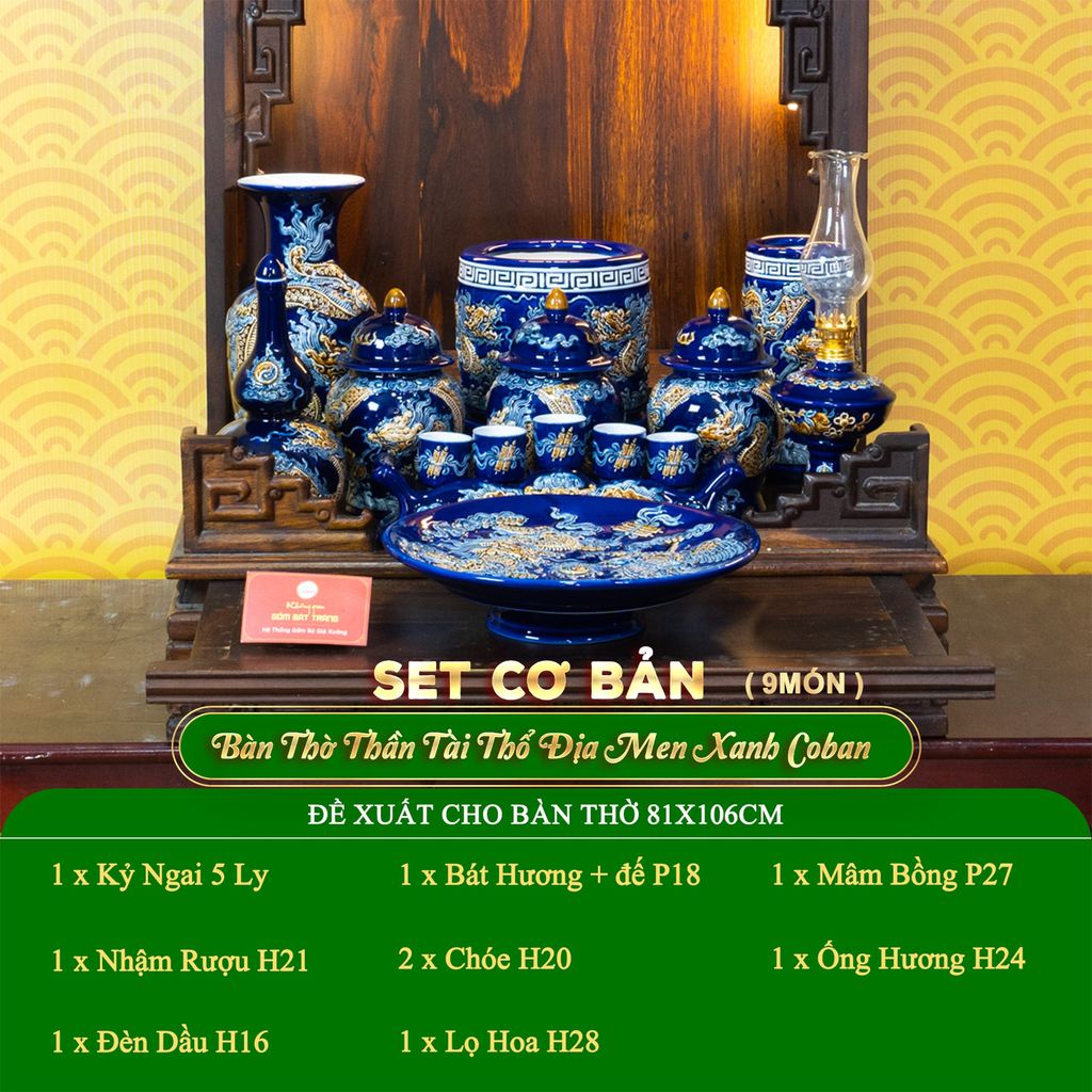 Bộ Đồ Thờ Thần Tài Thổ Địa (Cơ Bản 9 Món) Men Xanh Coban