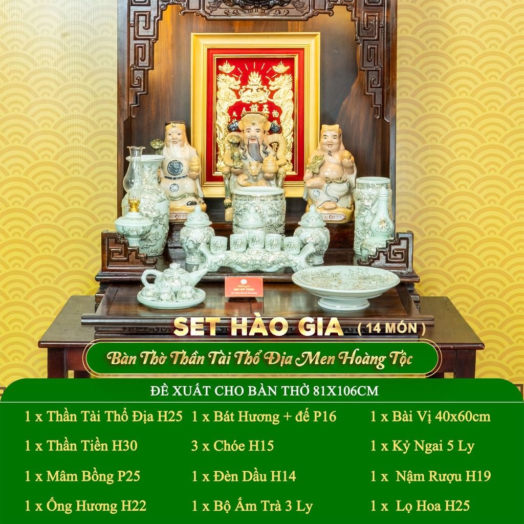 Bộ Đồ Thờ Thần Tài Thổ Địa (Hào Gia 14 Món) Men Hoàng Tộc Vẽ Vàng