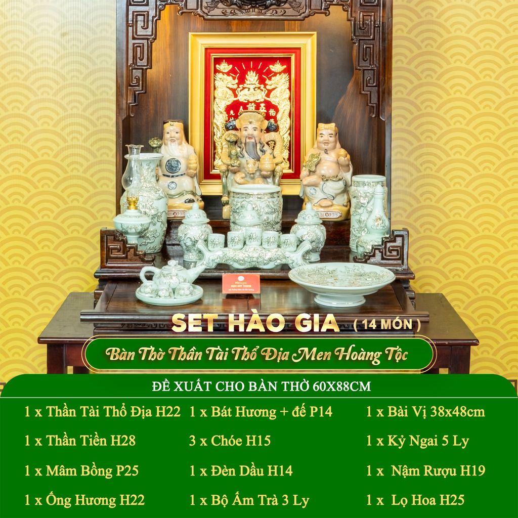 Bộ Đồ Thờ Thần Tài Thổ Địa (Hào Gia 14 Món) Men Hoàng Tộc Vẽ Vàng