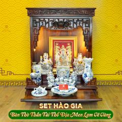 Bộ Đồ Thờ Thần Tài Thổ Địa (Hào Gia 14 Món) Men Lam Vẽ Vàng