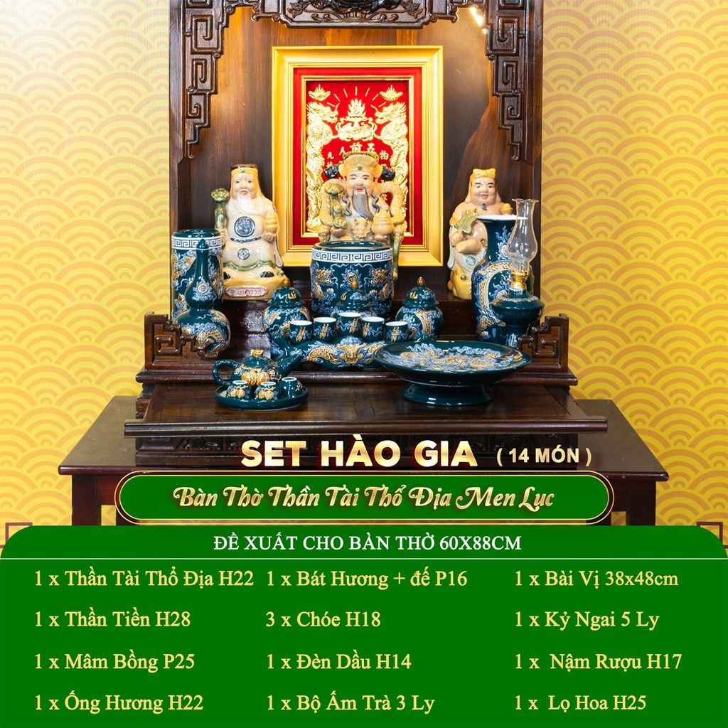 Bộ Đồ Thờ Thần Tài Thổ Địa (Hào Gia 14 Món) Men Lục
