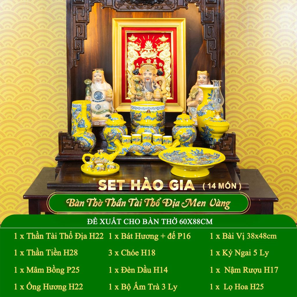 Bộ Đồ Thờ Thần Tài Thổ Địa (Hào Gia 14 Món) Men Vàng