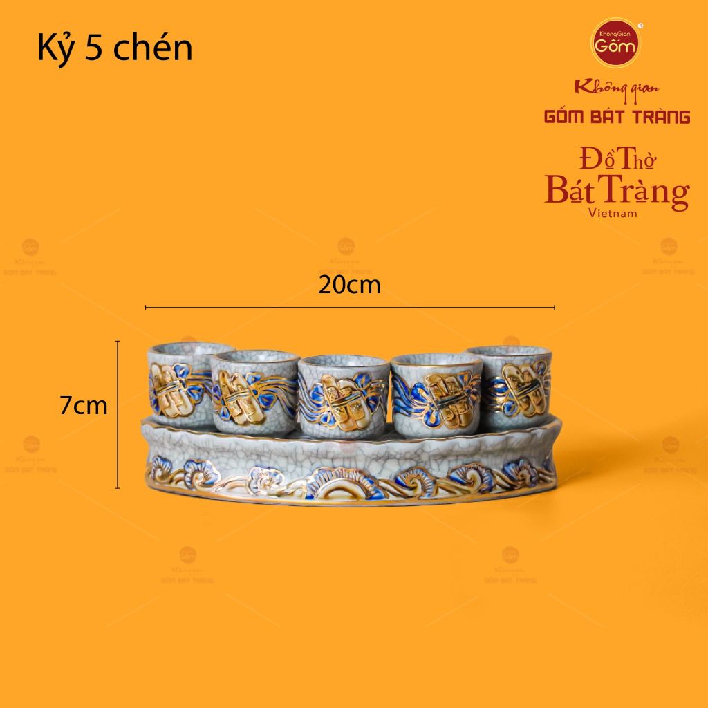 Bộ Kỷ 5 Chén Thờ Cong Men Rạn Vẽ Vàng