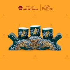 Bộ Kỷ Ngai 3 Chén Thờ Men Lục Họa Tiết Cuốn Thư