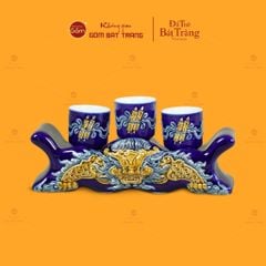 Bộ Kỷ Ngai 3 Chén Thờ Men Xanh Coban Họa Tiết Cuốn Thư
