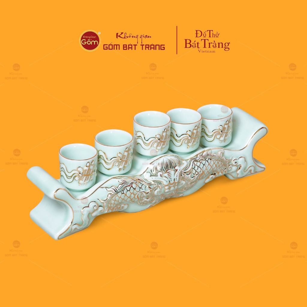 Bộ Kỷ Ngai 5 Chén Men Ngọc Hoàng Tộc Cuốn Thư Vẽ Vàng