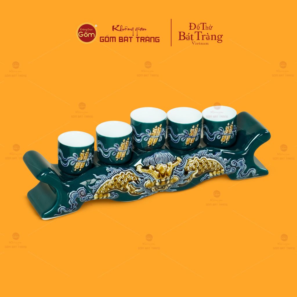Bộ Kỷ Ngai 5 Chén Thờ Men Lục Họa Tiết Cuốn Thư