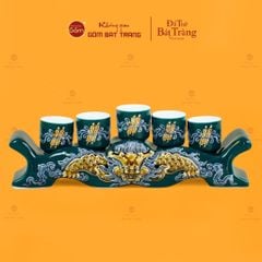 Bộ Kỷ Ngai 5 Chén Thờ Men Lục Họa Tiết Cuốn Thư