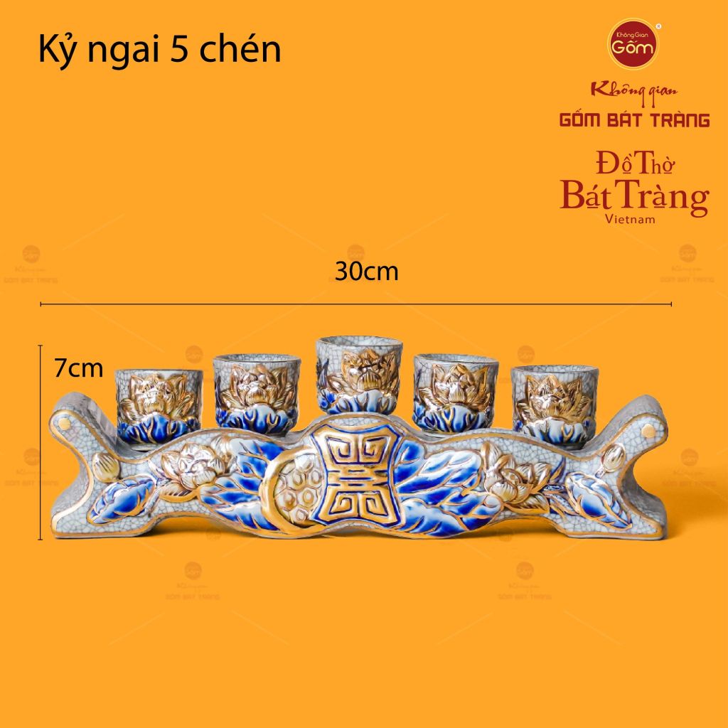Bộ Kỷ Ngai 5 Chén Thờ Men Rạn Vẽ Vàng