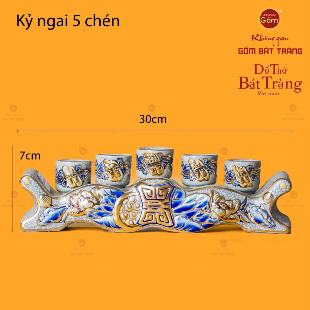 Bộ Kỷ Ngai 5 Chén Thờ Men Rạn Vẽ Vàng