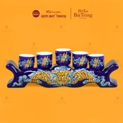Bộ Kỷ Ngai 5 Chén Thờ Men Xanh Coban Họa Tiết Cuốn Thư