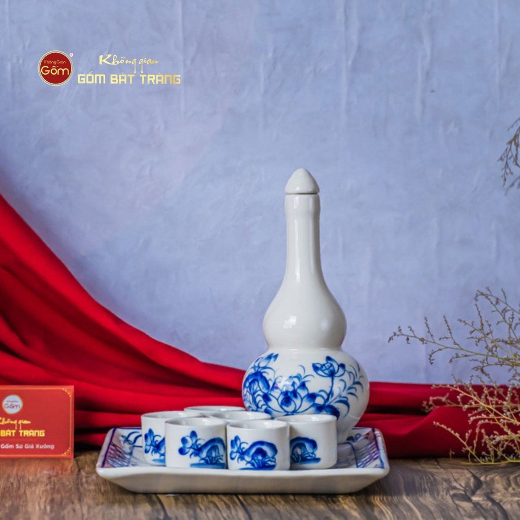 Bộ Nậm Rượu Hai Bầu Hoa Sen Xanh