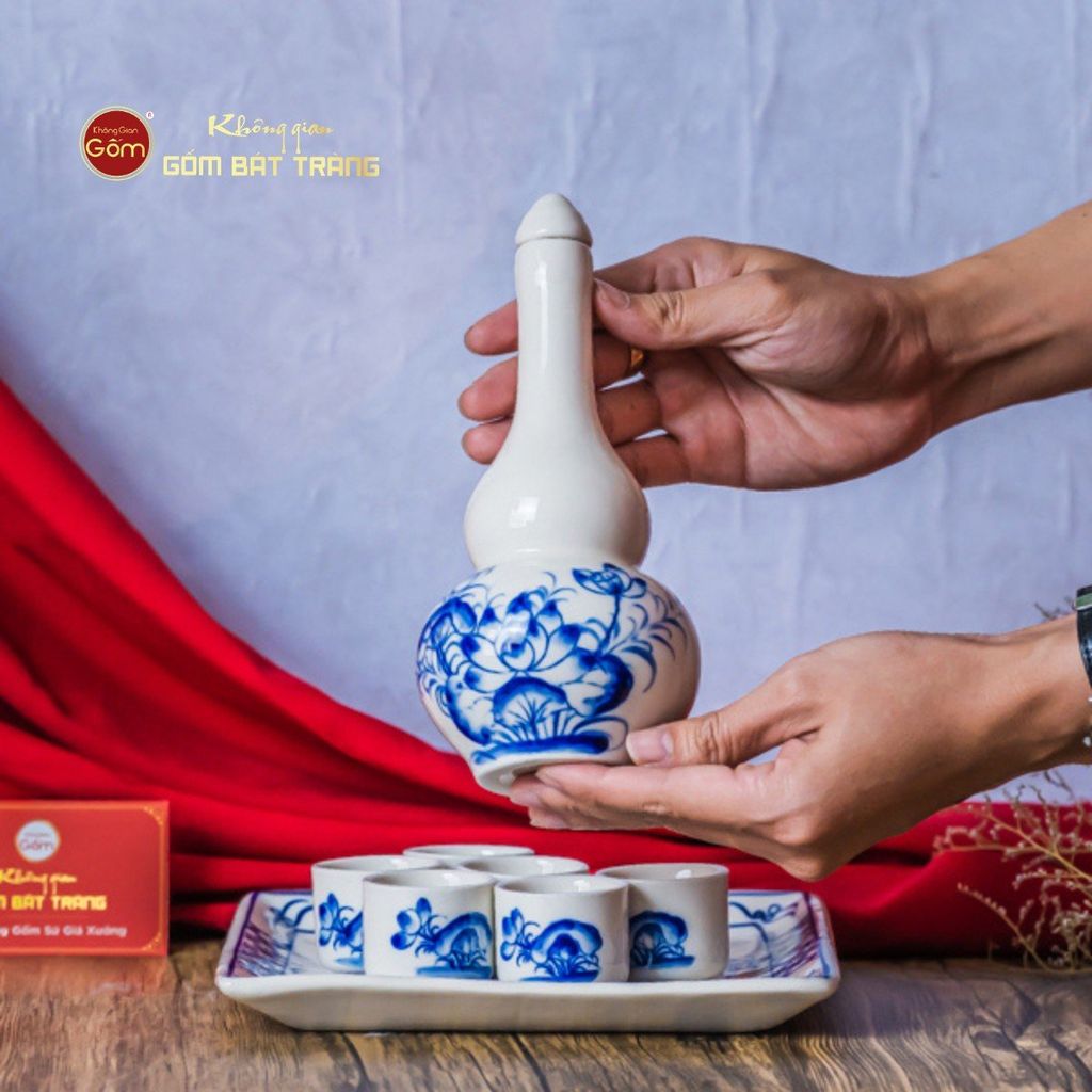 Bộ Nậm Rượu Hai Bầu Hoa Sen Xanh