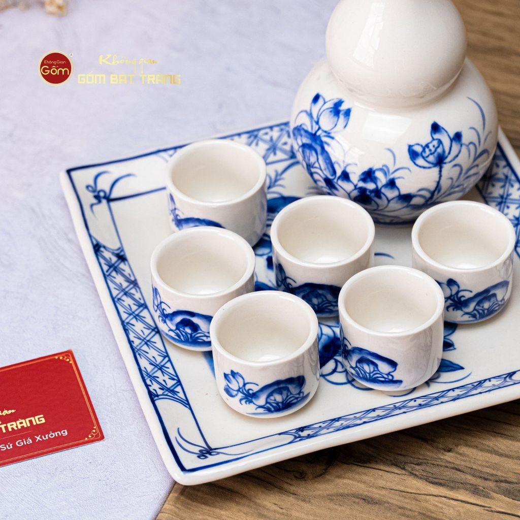 Bộ Nậm Rượu Hai Bầu Hoa Sen Xanh