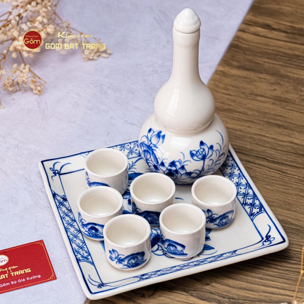 Bộ Nậm Rượu Hai Bầu Hoa Sen Xanh