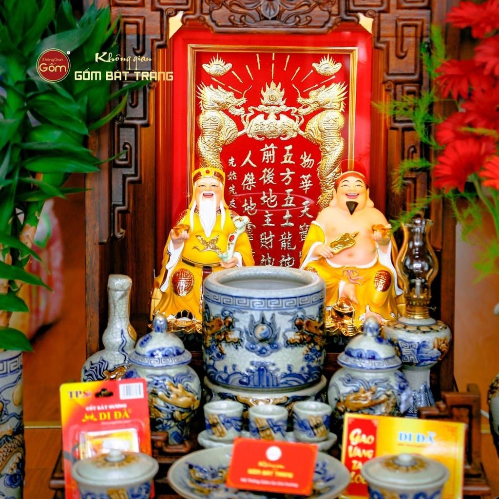 Bộ Tượng Thần Tài Thổ Địa Ghế Đá Áo Vàng