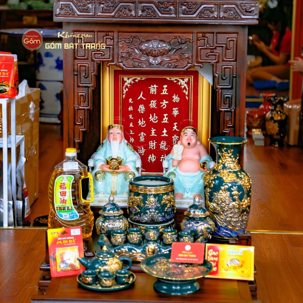 Bộ Tượng Thần Tài Thổ Địa Ghế Rồng Màu Phỉ Thúy