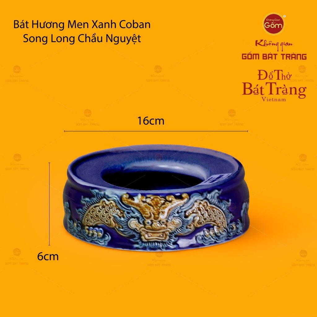 Bát Hương Thờ Men Xanh Coban Họa Tiết Song Long Chầu Nguyệt
