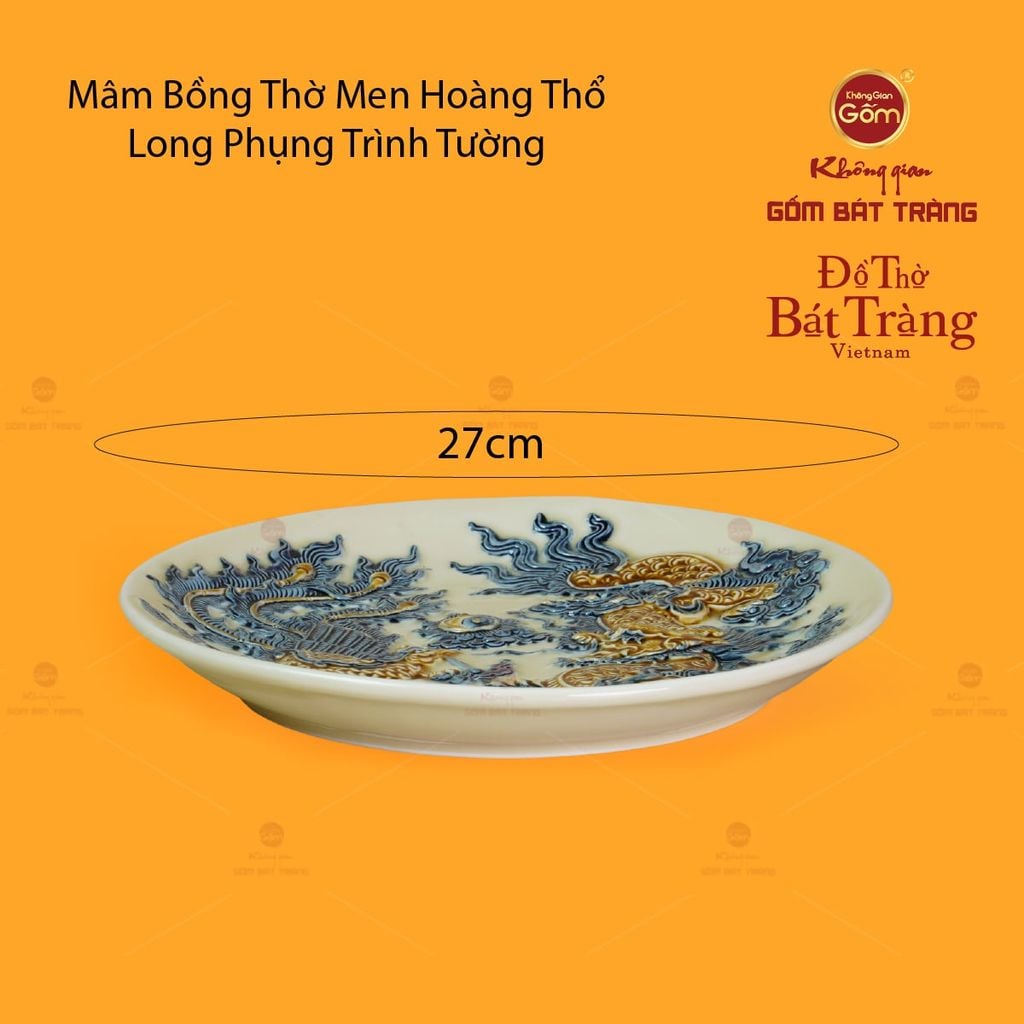 Mâm Bồng Thờ Men Hoàng Thổ Họa Tiết Long Phụng Trình Tường