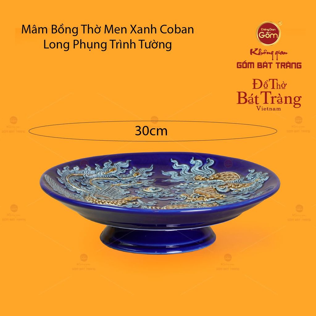 Mâm Bồng Thờ Men Xanh Coban Họa Tiết Long Phụng Trình Tường