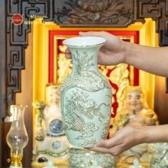 Lọ Hoa Thờ Men Ngọc Hoàng Tộc Cá Chép Hóa Rồng Vẽ Vàng