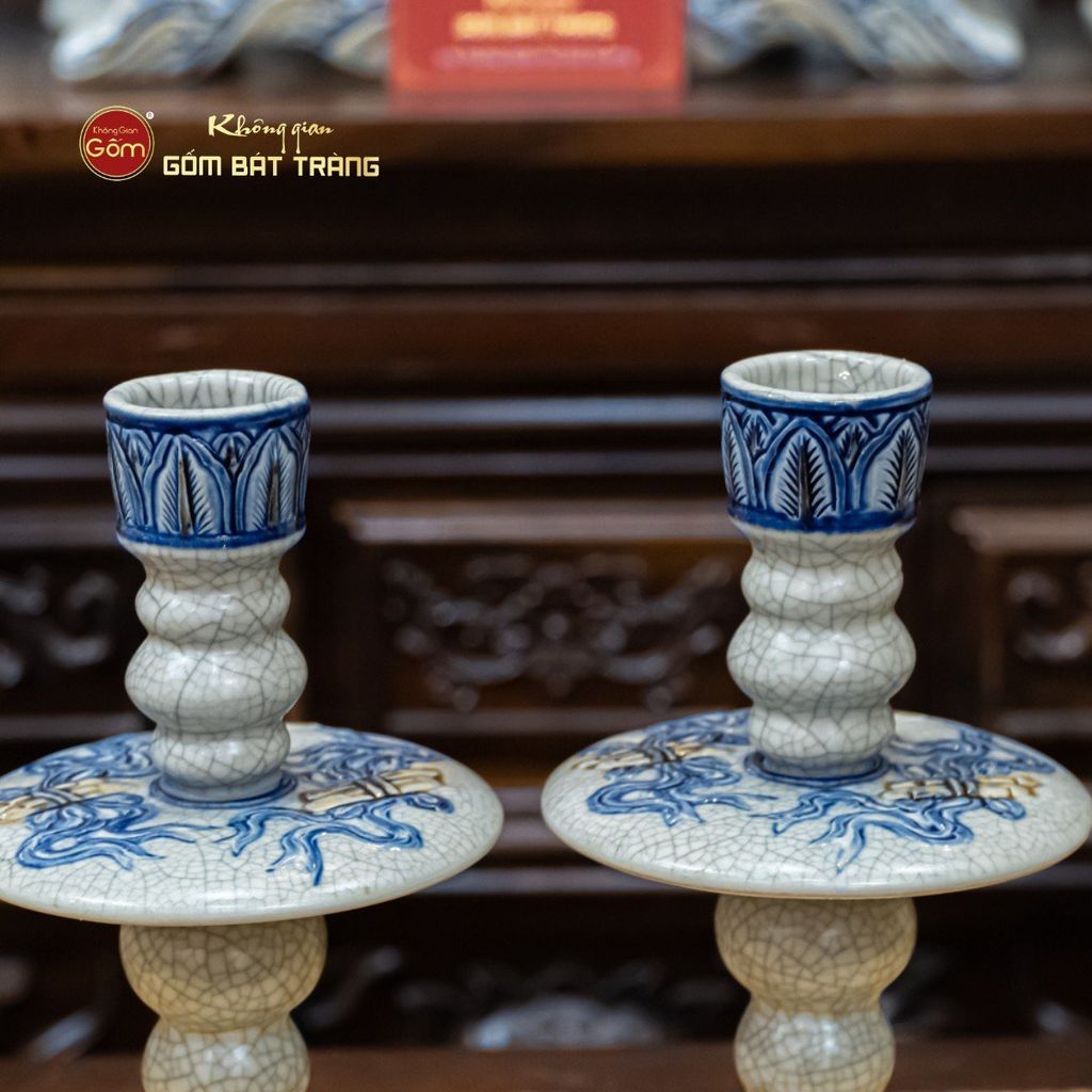 Chân Đèn Thờ Men Rạn Họa Tiết Song Long Chầu Nguyệt