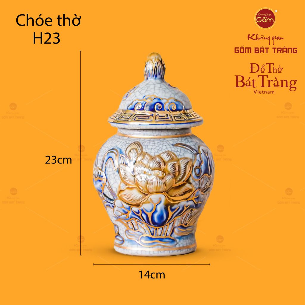 Chóe Thờ Hoa Sen Men Rạn Vẽ Vàng