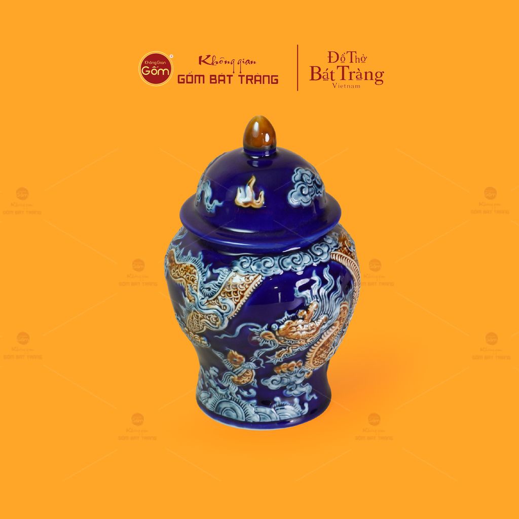 Chóe Thờ Men Xanh Coban Họa Tiết Cá Chép Hóa Rồng