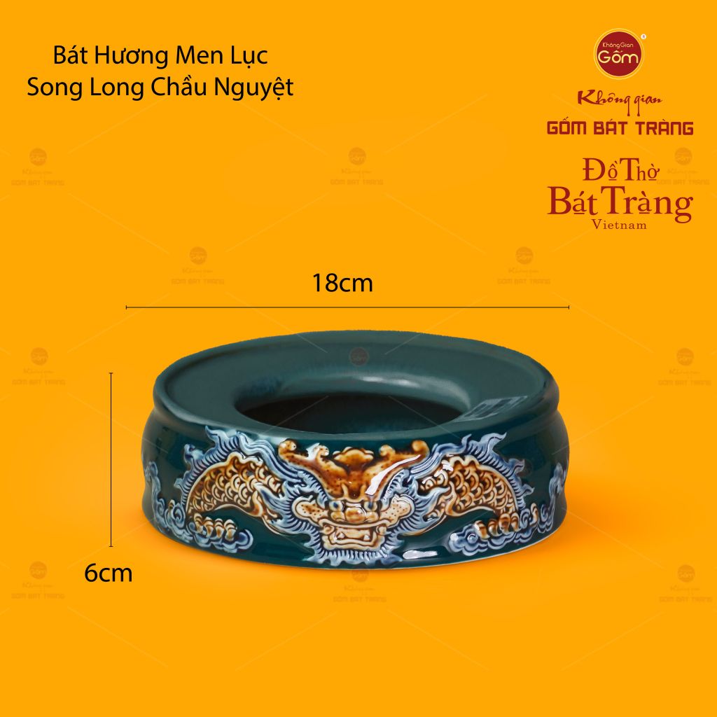 Đế Bát Hương Thờ Men Lục Họa Tiết Song Long Chầu Nguyệt