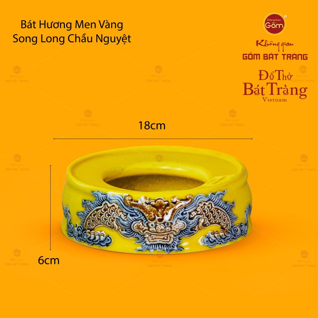 Đế Bát Hương Thờ Men Vàng Họa Tiết Song Long Chầu Nguyệt
