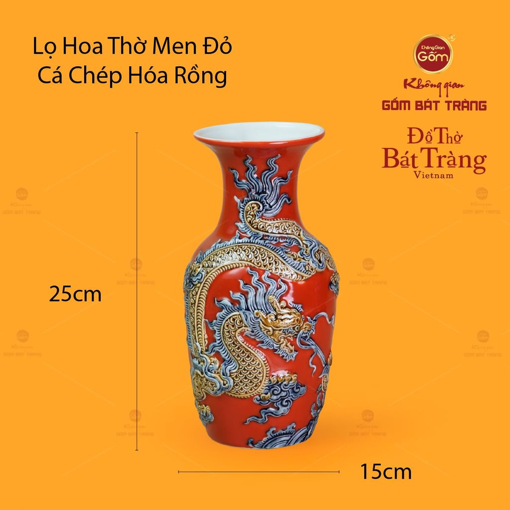 Lọ Hoa Thờ Men Đỏ Họa Tiết Cá Chép Hóa Rồng