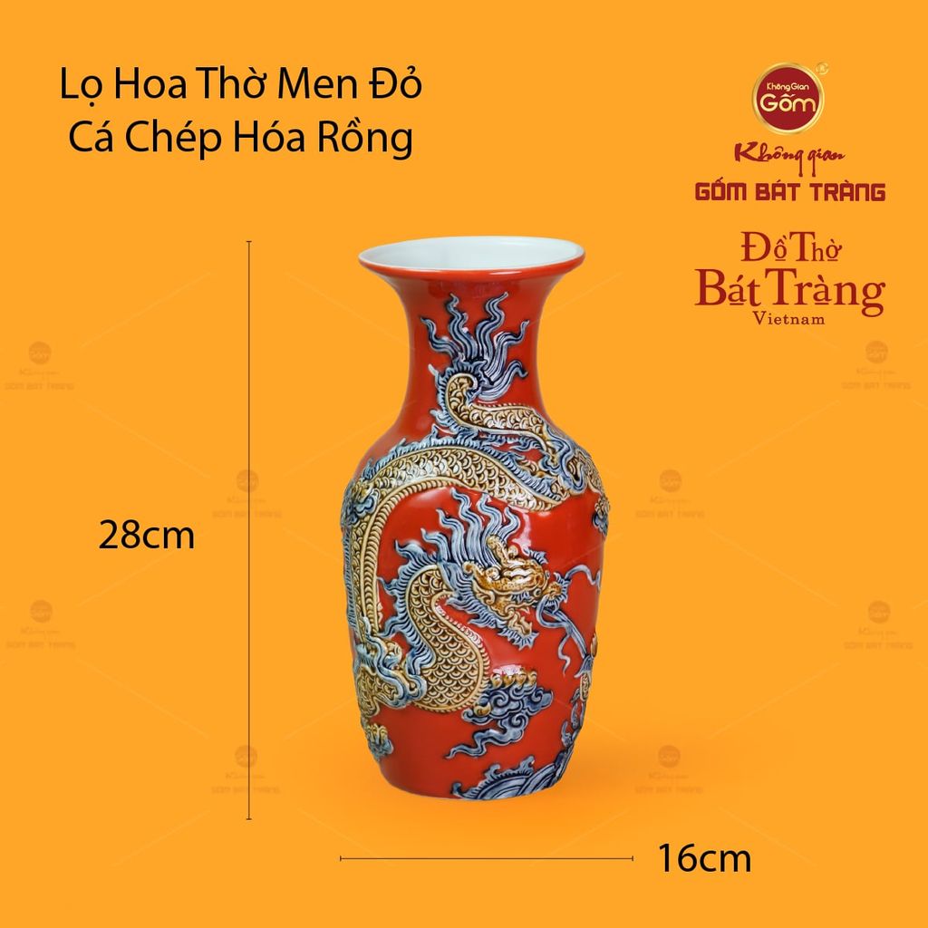 Lọ Hoa Thờ Men Đỏ Họa Tiết Cá Chép Hóa Rồng
