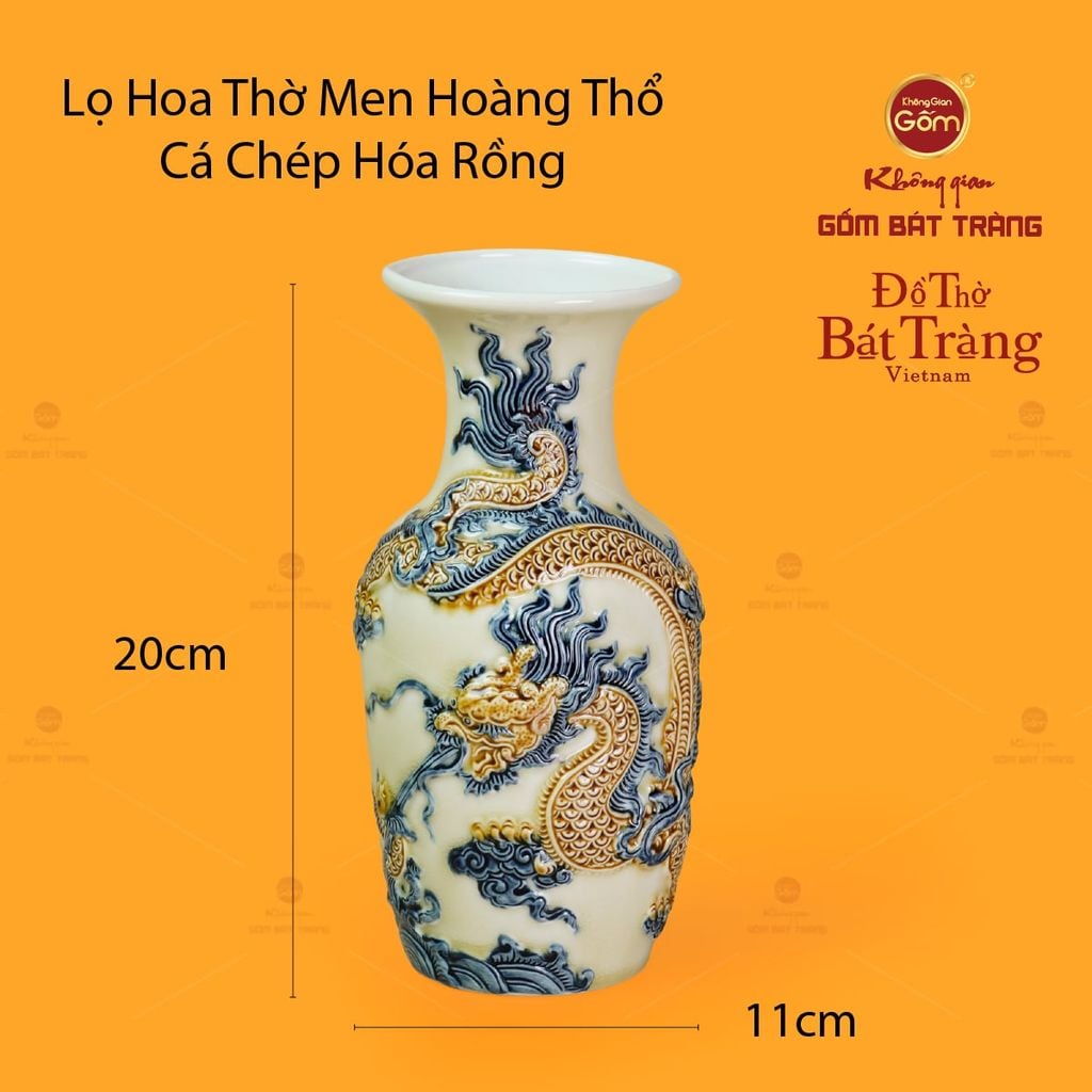 Lọ Hoa Thờ Men Hoàng Thổ Họa Tiết Cá Chép Hóa Rồng