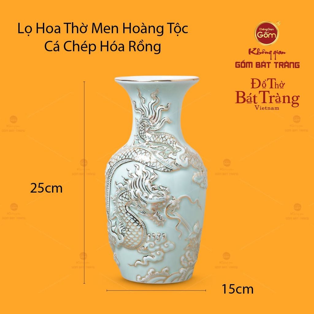 Lọ Hoa Thờ Men Ngọc Hoàng Tộc Cá Chép Hóa Rồng Vẽ Vàng